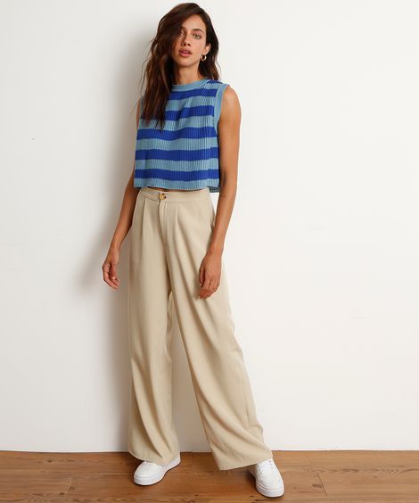 Calça Alfaiataria Pantalona Cintura Super Alta Bege