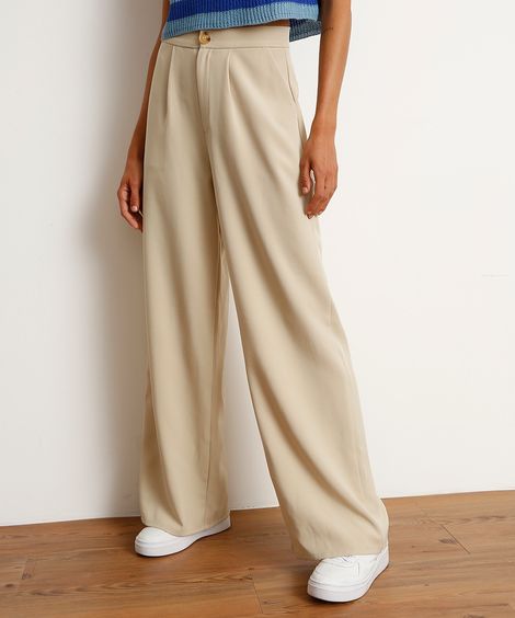 Calça Alfaiataria Pantalona Cintura Super Alta Bege