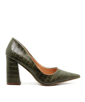 Scarpin Royalz Croco Salto Grosso Penélope Verde Militar