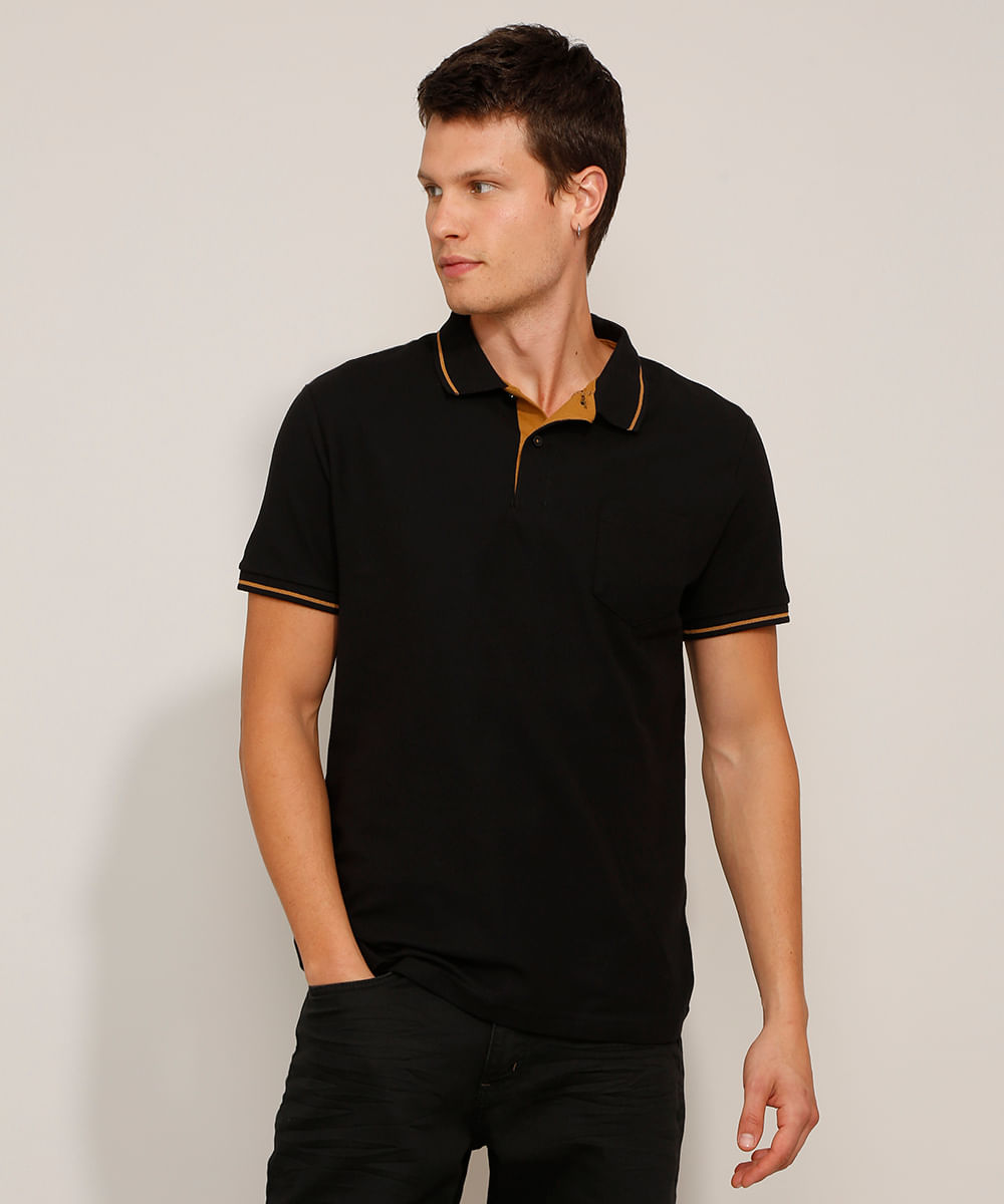 Polo Tradicional de Algodão Vista Contrastante com Bolso Manga Curta Preta é boa?