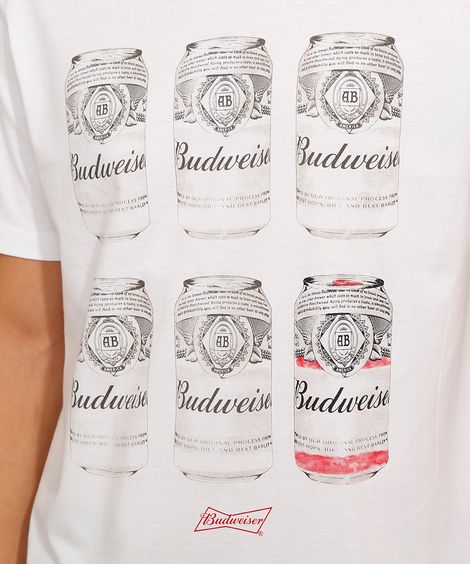 Camiseta de Algodão Latas Budweiser Manga Curta Gola Careca Off White