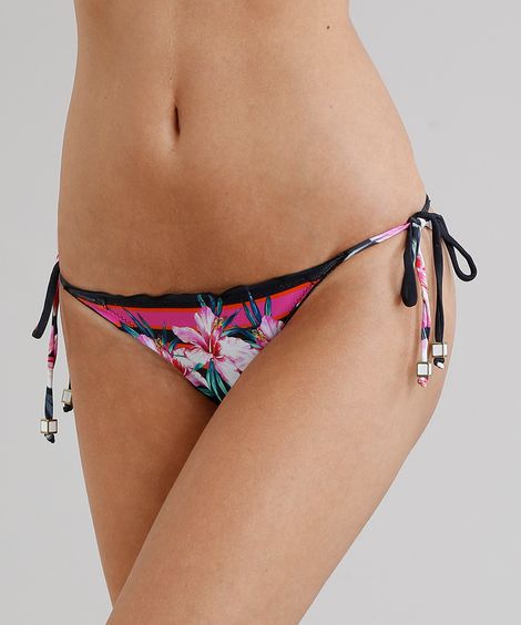 Biquíni Calcinha Tanga Levanta Bumbum Estampada Floral com Proteção UV50+ Preto