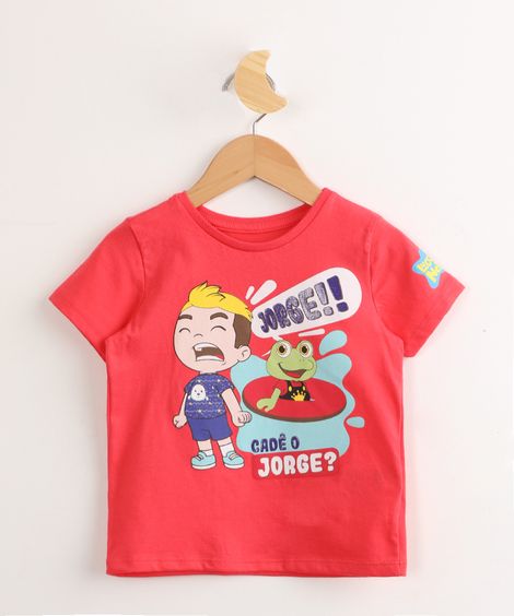 Camiseta Infantil de Algodão "Cadê o Jorge" Luccas Neto Manga Curta Vermelha