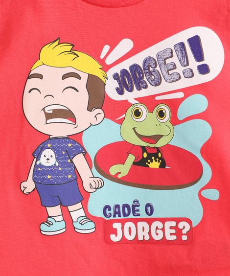 Camiseta Infantil de Algodão "Cadê o Jorge" Luccas Neto Manga Curta Vermelha
