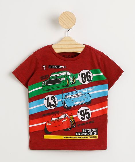 Camiseta Infantil Estampa em Relevo Carros Manga Curta Vermelha