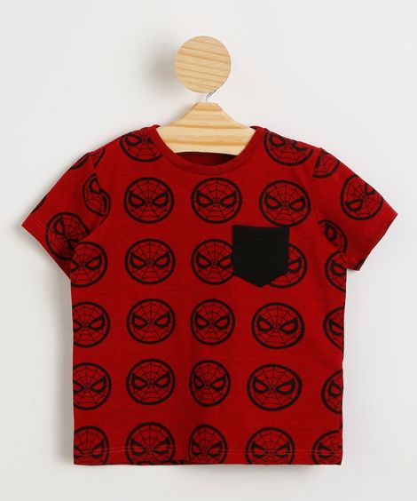 Camiseta Infantil Estampada Homem Aranha com Bolso Manga Curta Vermelha