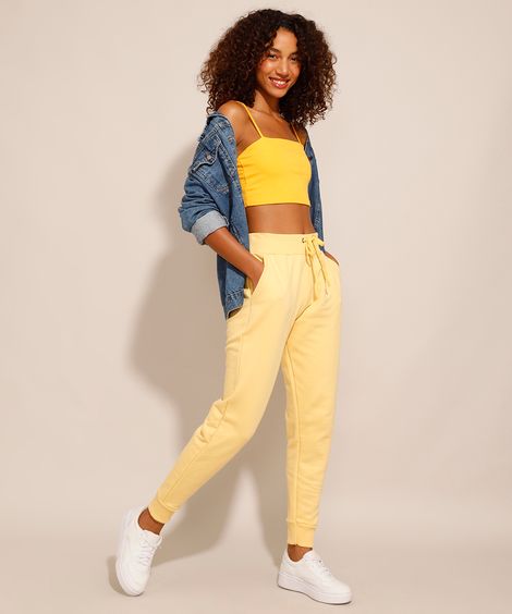Calça Jogger de Moletom Felpado Básica com Bolsos Cintura Alta Amarela