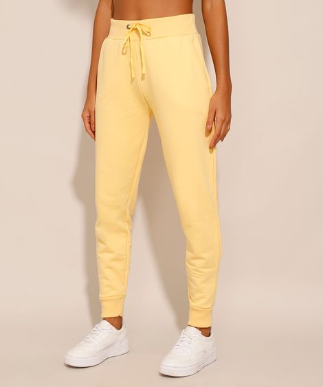 Calça Jogger de Moletom Felpado Básica com Bolsos Cintura Alta Amarela