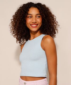 regata cropped canelada básica decote redondo azul bebe