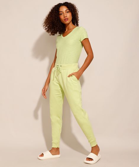 Calça Jogger de Moletom Felpado Básica com Bolsos Cintura Alta Verde