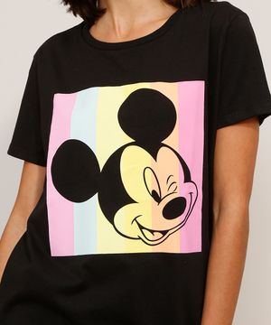 Camiseta de Algodão Mickey Mouse Manga Curta Decote Redondo Preta