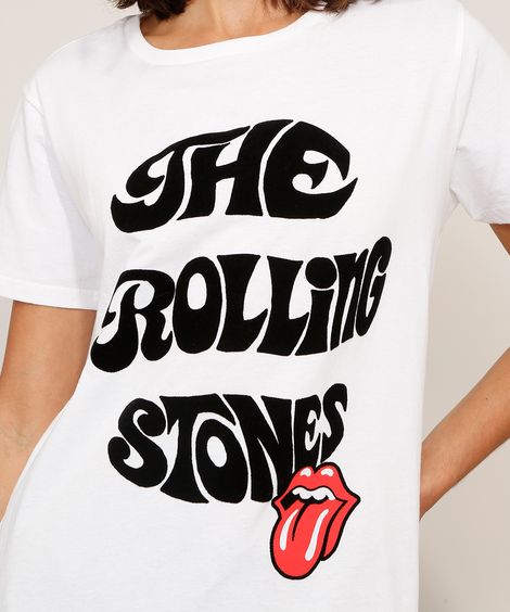 Camiseta de Algodão da Banda The Rolling Stones Flocada Manga Curta Decote Redondo Off White