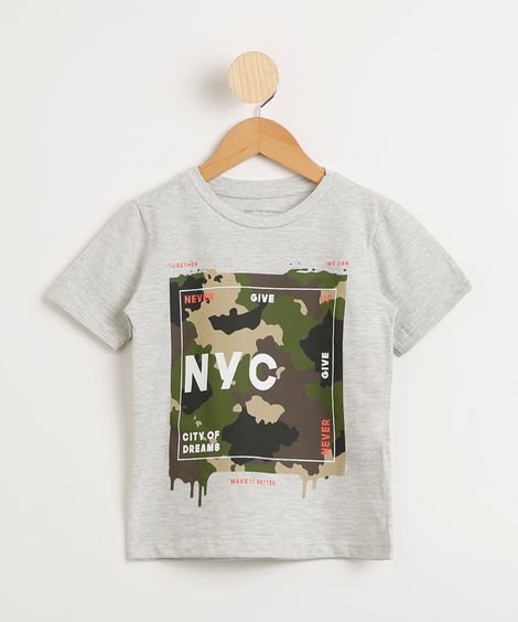 Camiseta Infantil New York Camuflada Manga Curta Cinza Mescla Claro