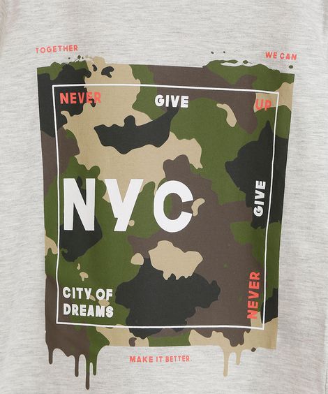 Camiseta Infantil New York Camuflada Manga Curta Cinza Mescla Claro