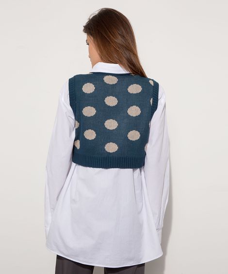 Colete Cropped de Tricô Estampado de Poá Decote Redondo Mindset Azul Petróleo