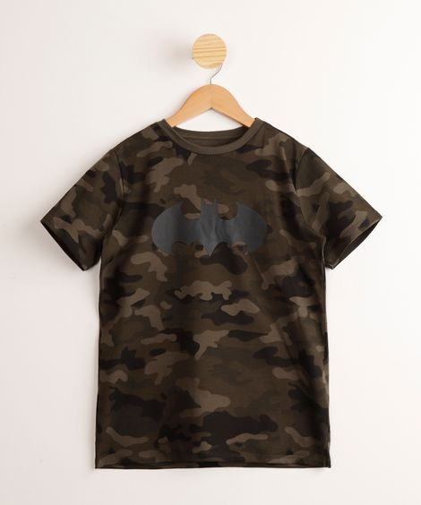 Camiseta Infantil de Algodão Camuflada Batman Manga Curta Verde Militar
