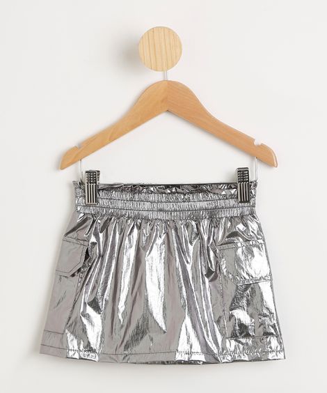Saia Infantil Curta Metalizada com Bolsos Prateada