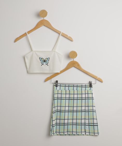 Conjunto Juvenil de Top Cropped Canelado Borboleta Off White +  Saia Estampada Xadrez Verde