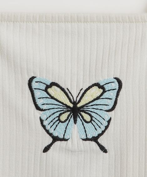 Conjunto Juvenil de Top Cropped Canelado Borboleta Off White +  Saia Estampada Xadrez Verde