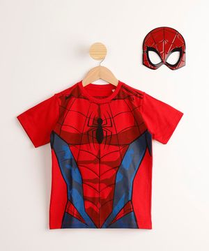 Camiseta Infantil de Algodão Homem Aranha Manga Curta + Máscara Vermelha