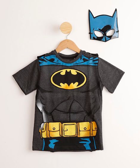 Camiseta Infantil de Algodão Batman Manga Curta com Capa + Máscara Cinza Mescla Escuro