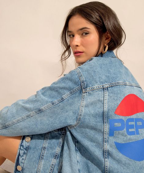 Jaqueta Jeans Marmorizada Pepsi com Bolsos Azul Médio