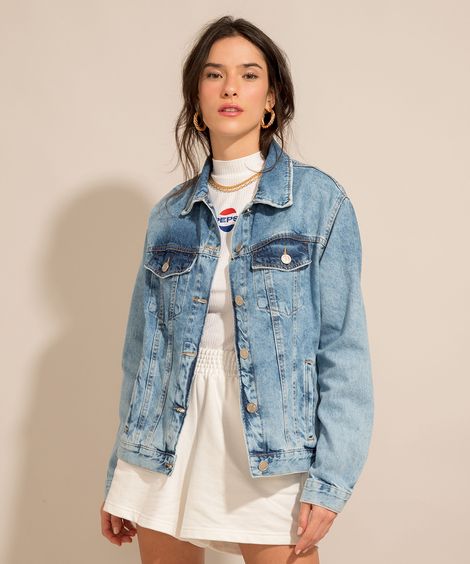 Jaqueta Jeans Marmorizada Pepsi com Bolsos Azul Médio