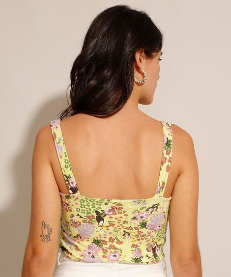 Top Cropped Estampado Floral Tropical Alça Média Decote Reto Amarelo