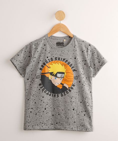 Camiseta Infantil Naruto Shippuden Estampada Respingos Manga Curta  Cinza Mescla