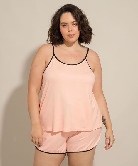 Short Doll Plus Size Alça Fina com Viés Contrastante e Cordão Rosa