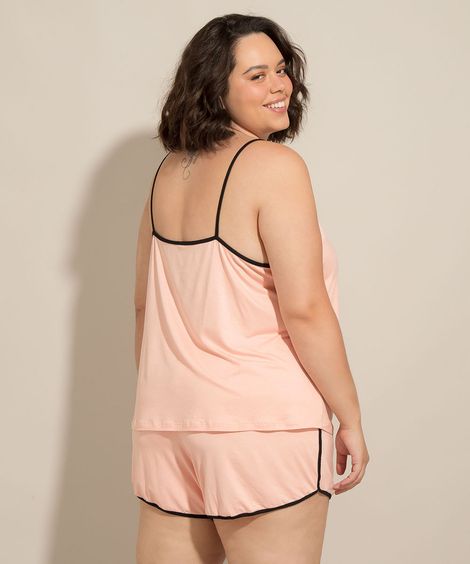 Short Doll Plus Size Alça Fina com Viés Contrastante e Cordão Rosa