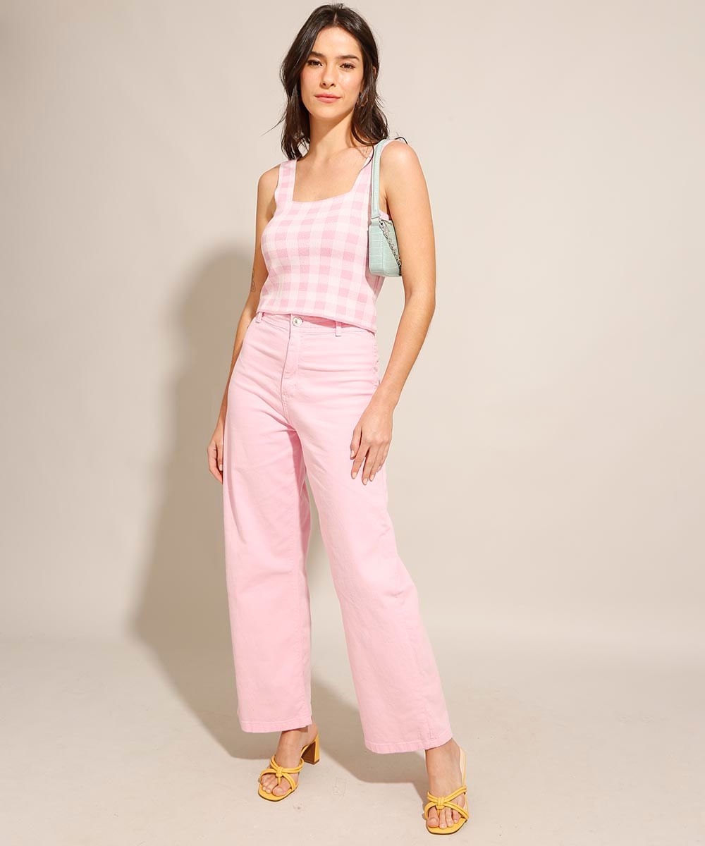 Regata Cropped de Tricô Estampada Xadrez Vichy Alça Larga Decote Reto Rosa