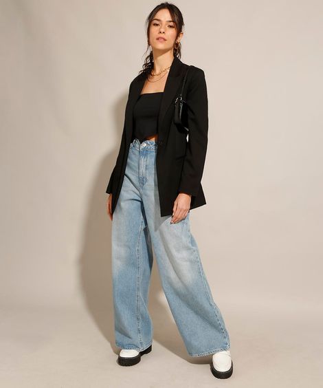 Calça Wide Pantalona Jeans Cintura Super Alta Azul Claro