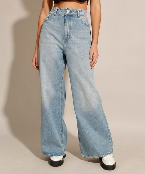Calça Wide Pantalona Jeans Cintura Super Alta Azul Claro