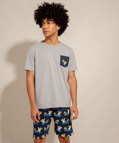 Pijama Manga Curta Os Simpsons com Bolso Tal Pai Tal Filho Cinza Mescla
