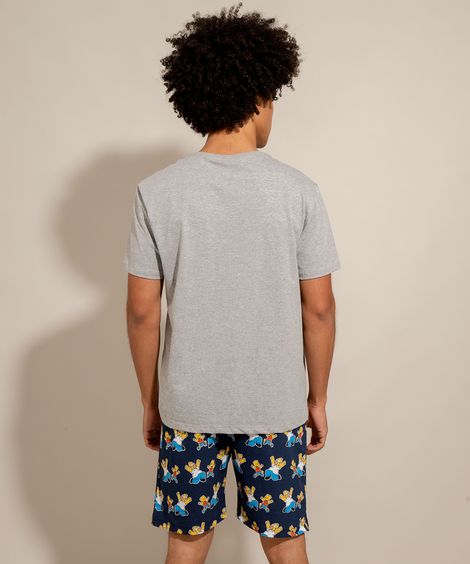 Pijama Manga Curta Os Simpsons com Bolso Tal Pai Tal Filho Cinza Mescla