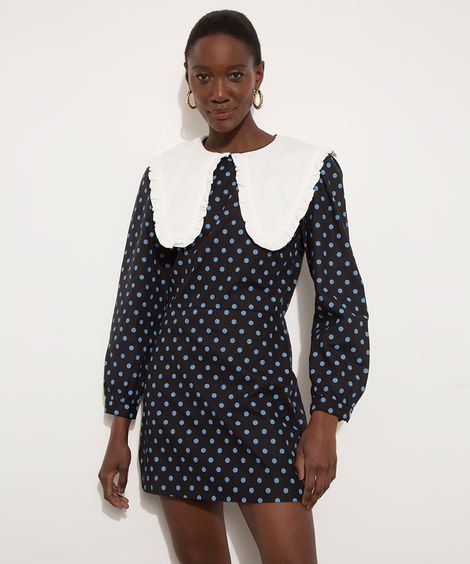 Vestido Curto Estampado Poá Gola Boneca com Babados Manga Bufante Mindset  Azul Marinho