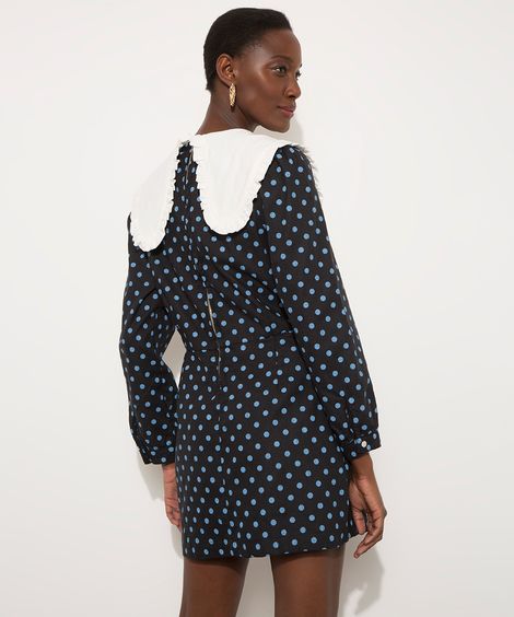 Vestido Curto Estampado Poá Gola Boneca com Babados Manga Bufante Mindset  Azul Marinho
