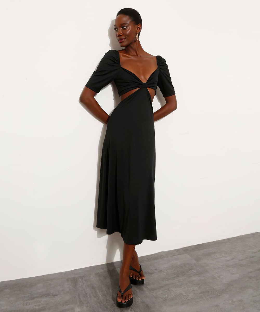Vestido Feminino Mindset Midi com Vazado Manga Bufante Preto Menor preço em Vestido Feminino Mindset Midi com Vazado Manga Bufante Preto