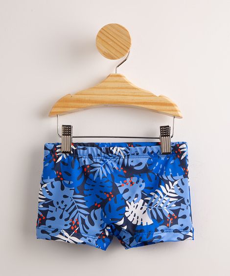 Sunga Infantil Boxer Estampada Folhagem com Proteção UV50+ Azul Royal