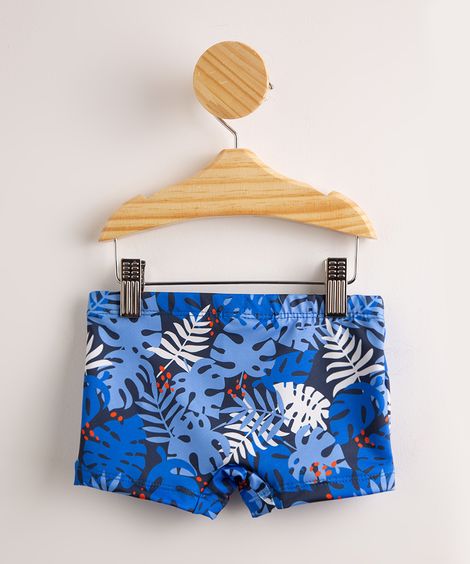 Sunga Infantil Boxer Estampada Folhagem com Proteção UV50+ Azul Royal