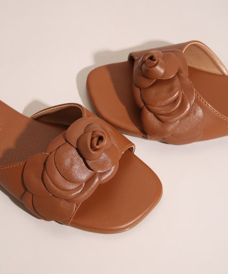 Rasteirinha Feminina Slide Flores Oneself Caramelo