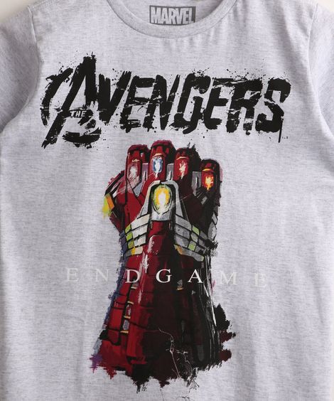Camiseta Infantil Os Vingadores Manopla Manga Curta Cinza Mescla Claro