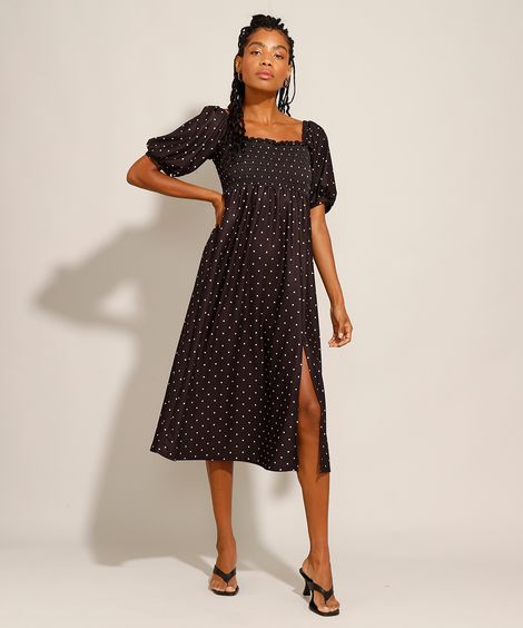 Vestido Midi Estampado de Poá com Lastex e Fenda Manga Bufante Preto
