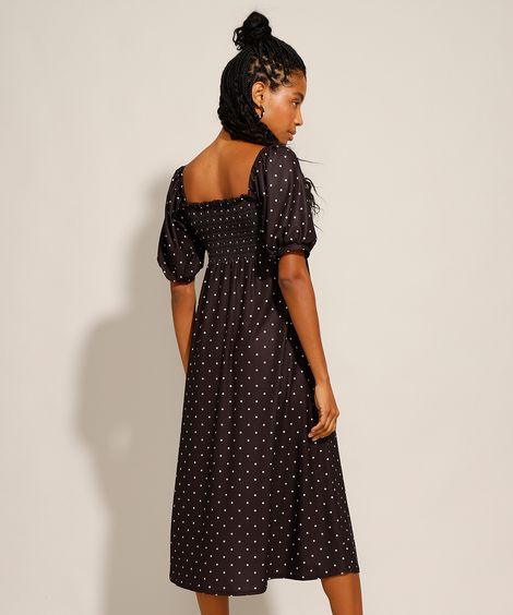 Vestido Midi Estampado de Poá com Lastex e Fenda Manga Bufante Preto