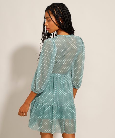 Vestido Feminino Curto em Tule Estampado Poá Manga Bufante 3/4 Decote em V Verde