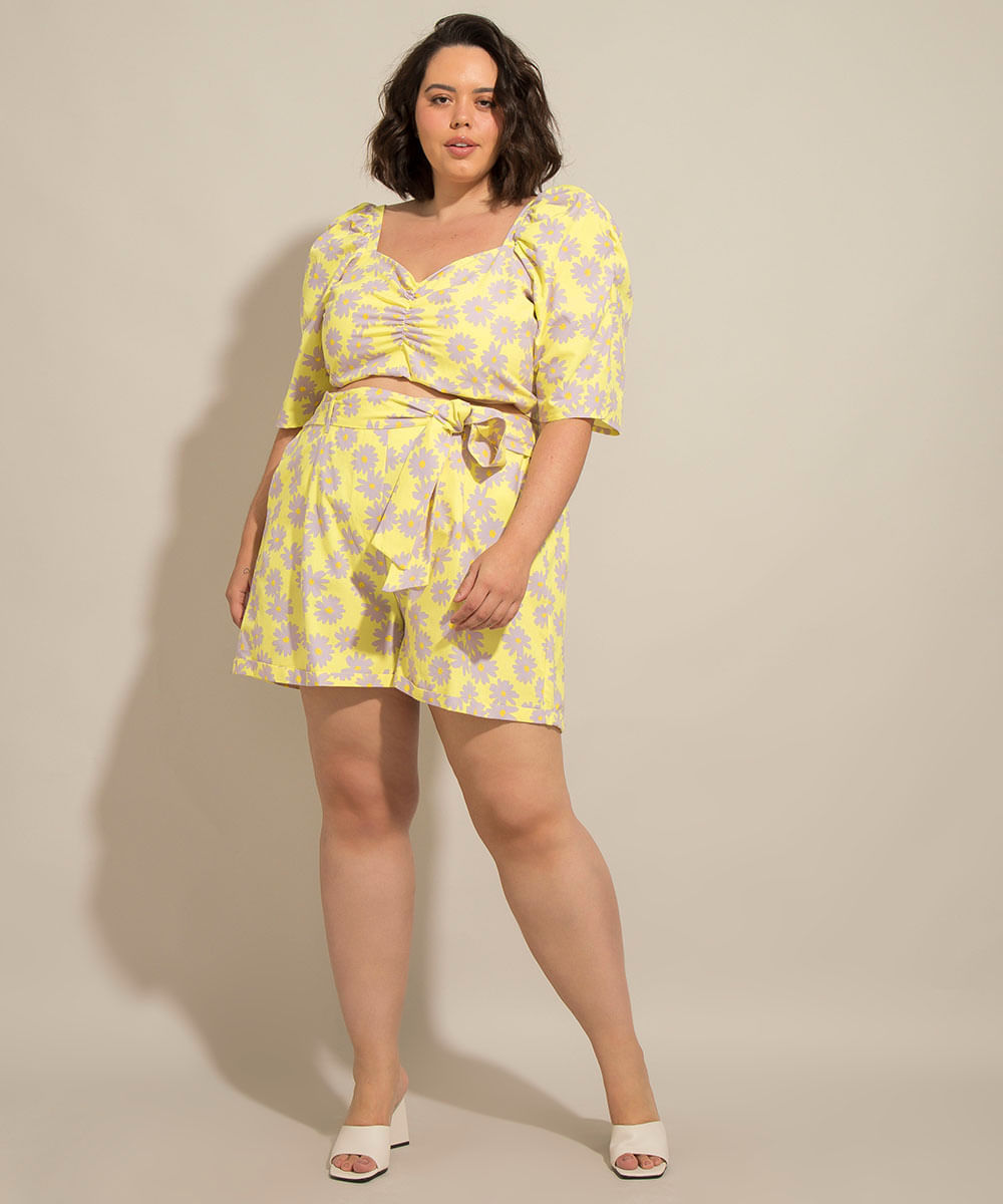 Bermuda Reta de Algodão Estampada Floral Plus Size Cintura Super Alta Amarelo Claro é boa?