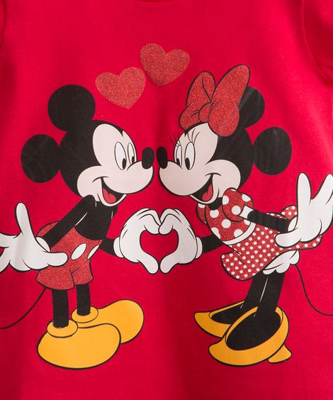 Blusa Infantil de Algodão Minnie e Mickey Manga Curta Vermelha