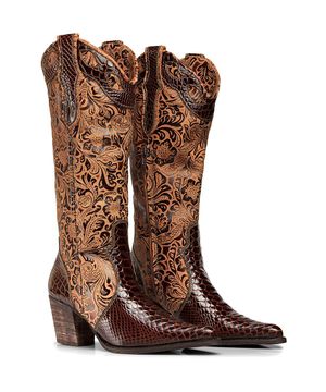 Bota Texana Country Capelli Boots  Anaconda em Couro com Zíper na Lateral Feminina marrom