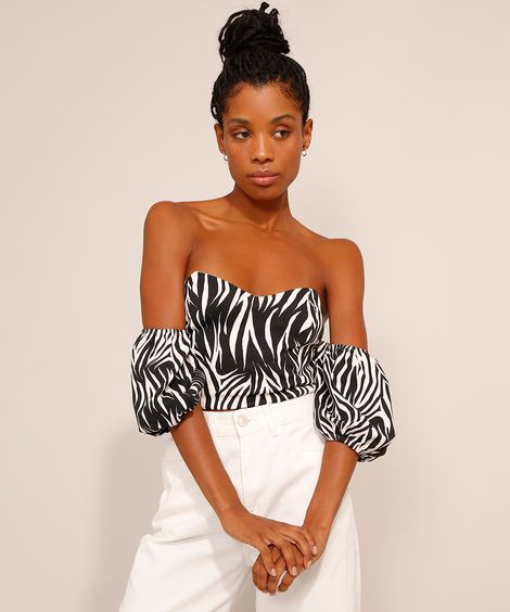 Blusa Feminina Ombro a Ombro Cropped Corset Estampada Animal Print Zebra Manga Bufante Preta